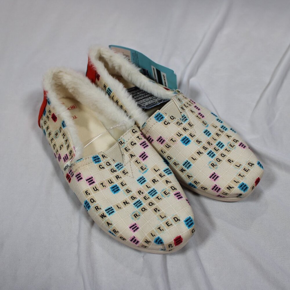 TOMS x Scrabble Limited Edition Faux Fur Lined Slippers Size 5 NWT